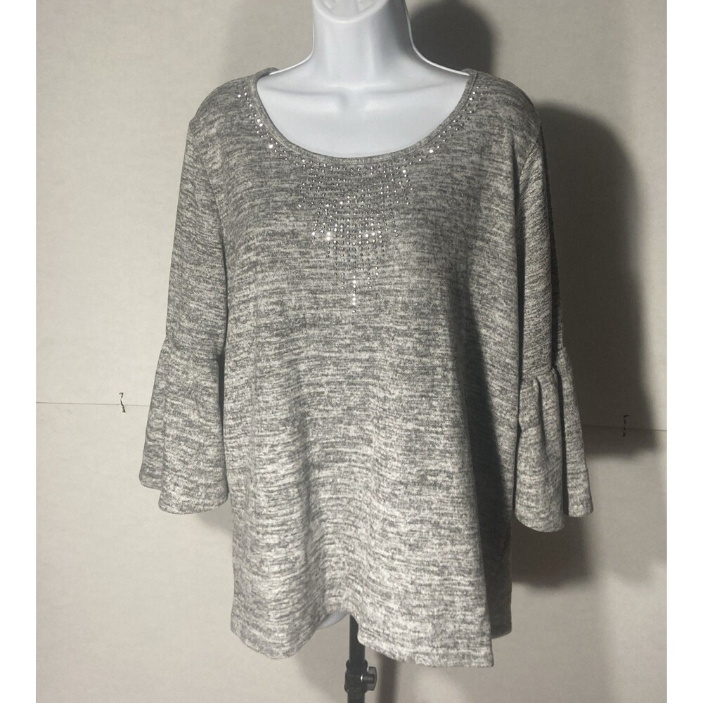 NEW DIRECTIONS heathered gray rhinestone scoop neck flared sleeve knit top XL